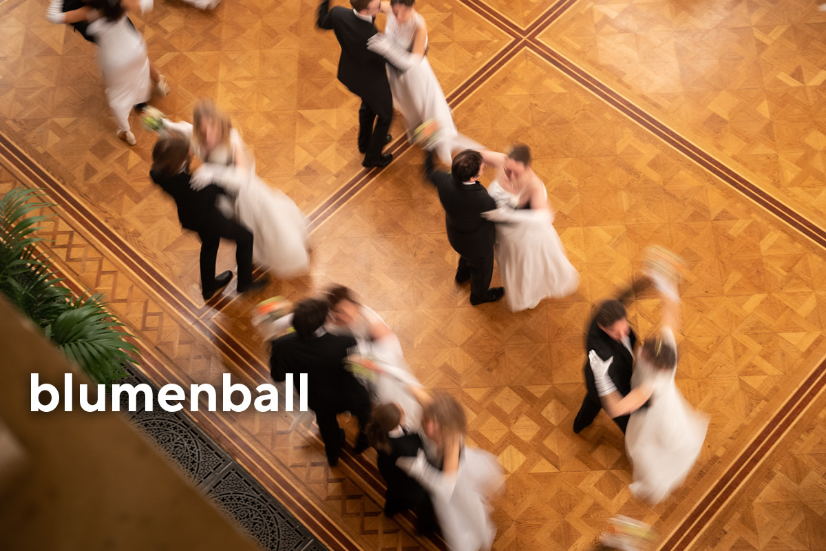 Walzer tanzende Paare beim Blumenball. Perspektive von oben.