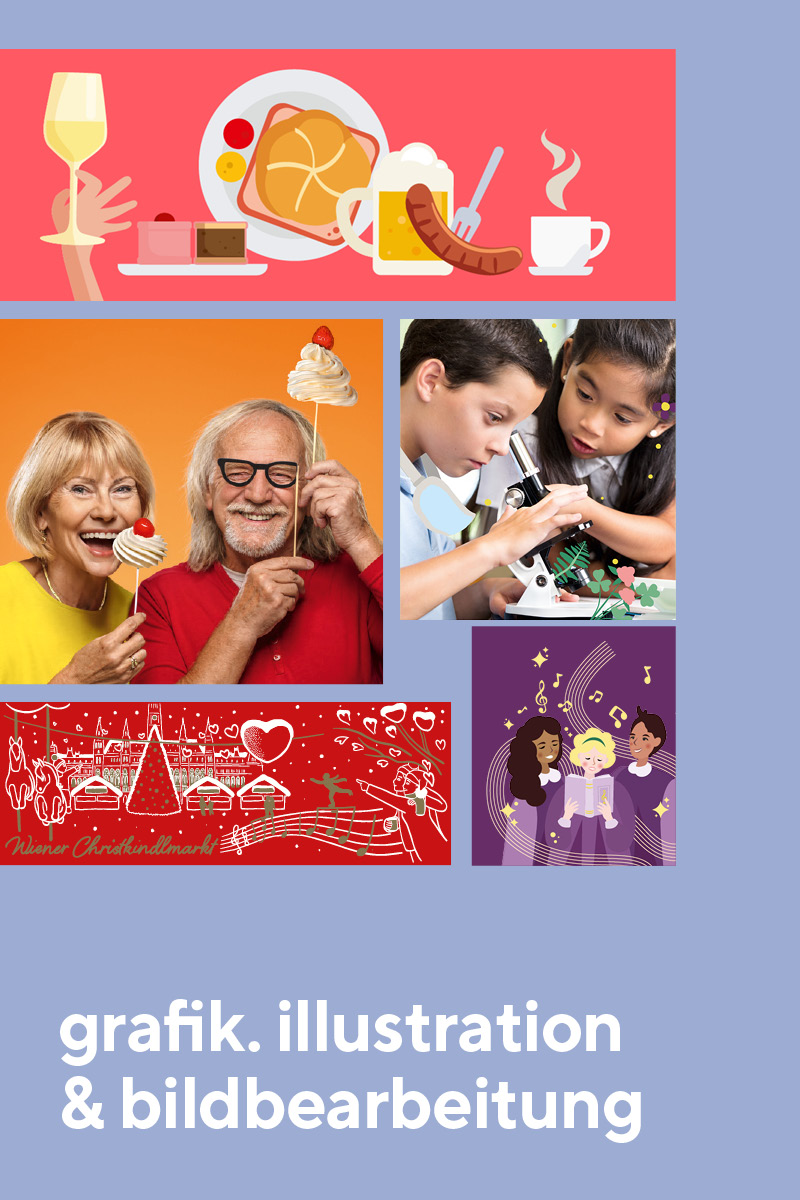 Illustrationen und graphische Arbeiten unserer Hausgrafik. Leberkäse Semmel, Kaffeetasse, Wiener Rathaus, ein Chor.