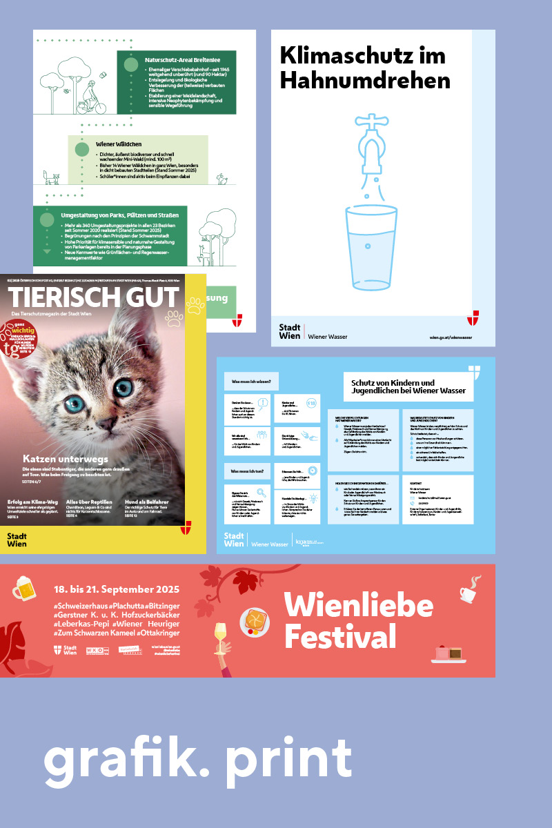 Illustrationen und graphische Arbeiten unserer Hausgrafik. Das Tierisch Gut Magazin, Illustration für das Wienliebe Festival. Eine Infografik für Wiener Wasser.