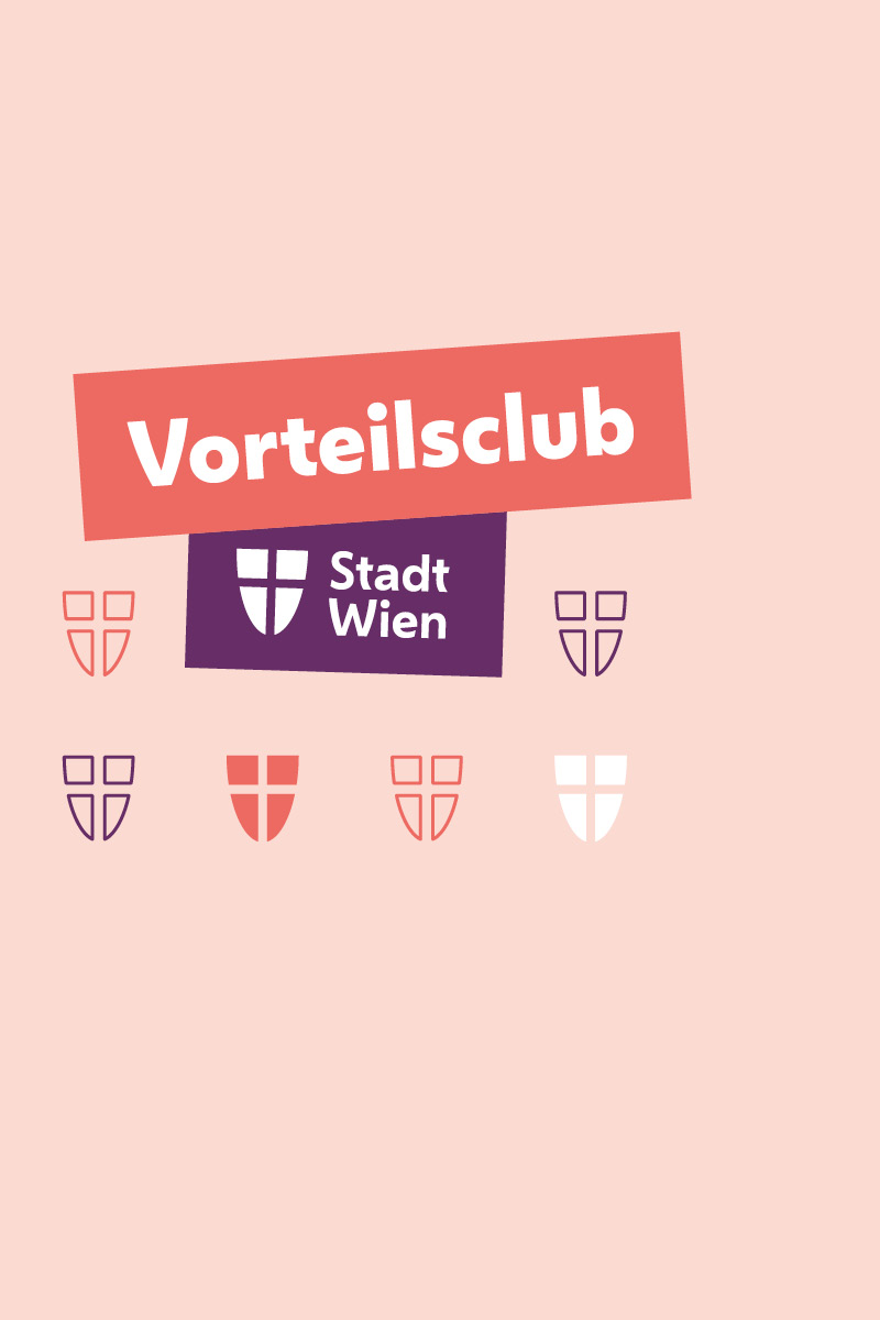 Logo des Vorteilsclub der Stadt Wien auf rosa Hintergrund.