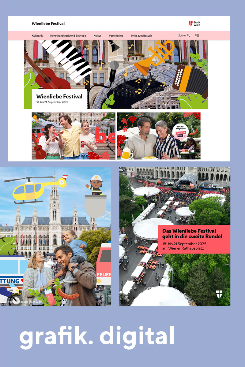 Illustrationen und graphische Arbeiten unserer Hausgrafik. Instagramposting und Website Illustrationen für das Wienliebe Festival, Illustration vom Sicherheitsfest.